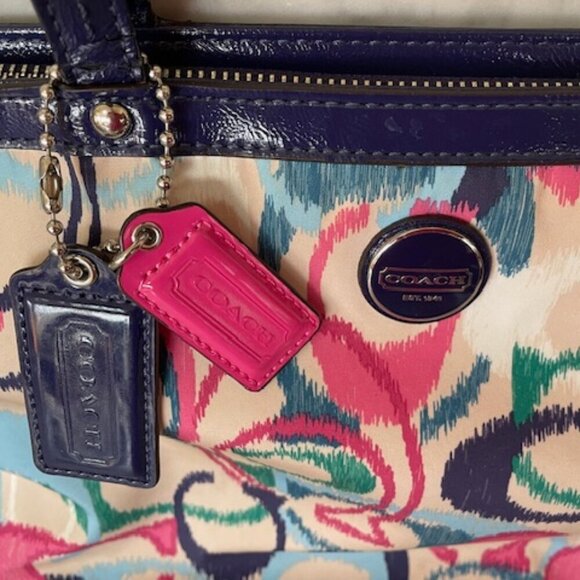 COACH Ikat Scribble Tote Double Handle Bag Blue Pink - Picture 5 of 15